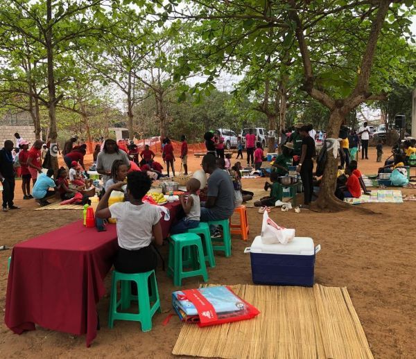 Group eating at tables