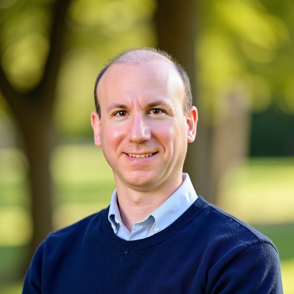 A man wearing a blue sweater and a white shirt is smiling for the camera.