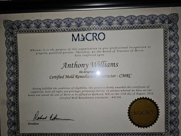A macro certificate for anthony williams is framed