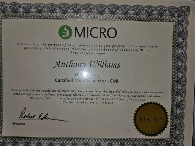 An anthony williams certified micro inspector certificate