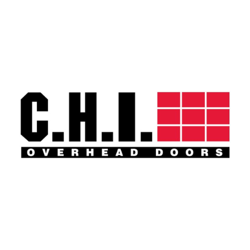 The logo for c.h.i. overhead doors is black and red.