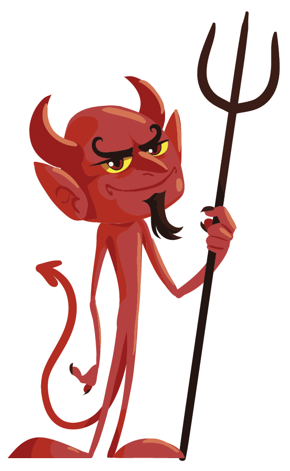 a cartoon devil is holding a trident in his hand .
