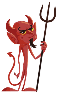 a cartoon devil is holding a trident in his hand .