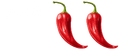 two red peppers with green stems on a white background .