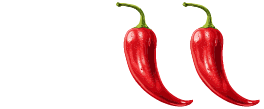 two red peppers with green stems on a white background .