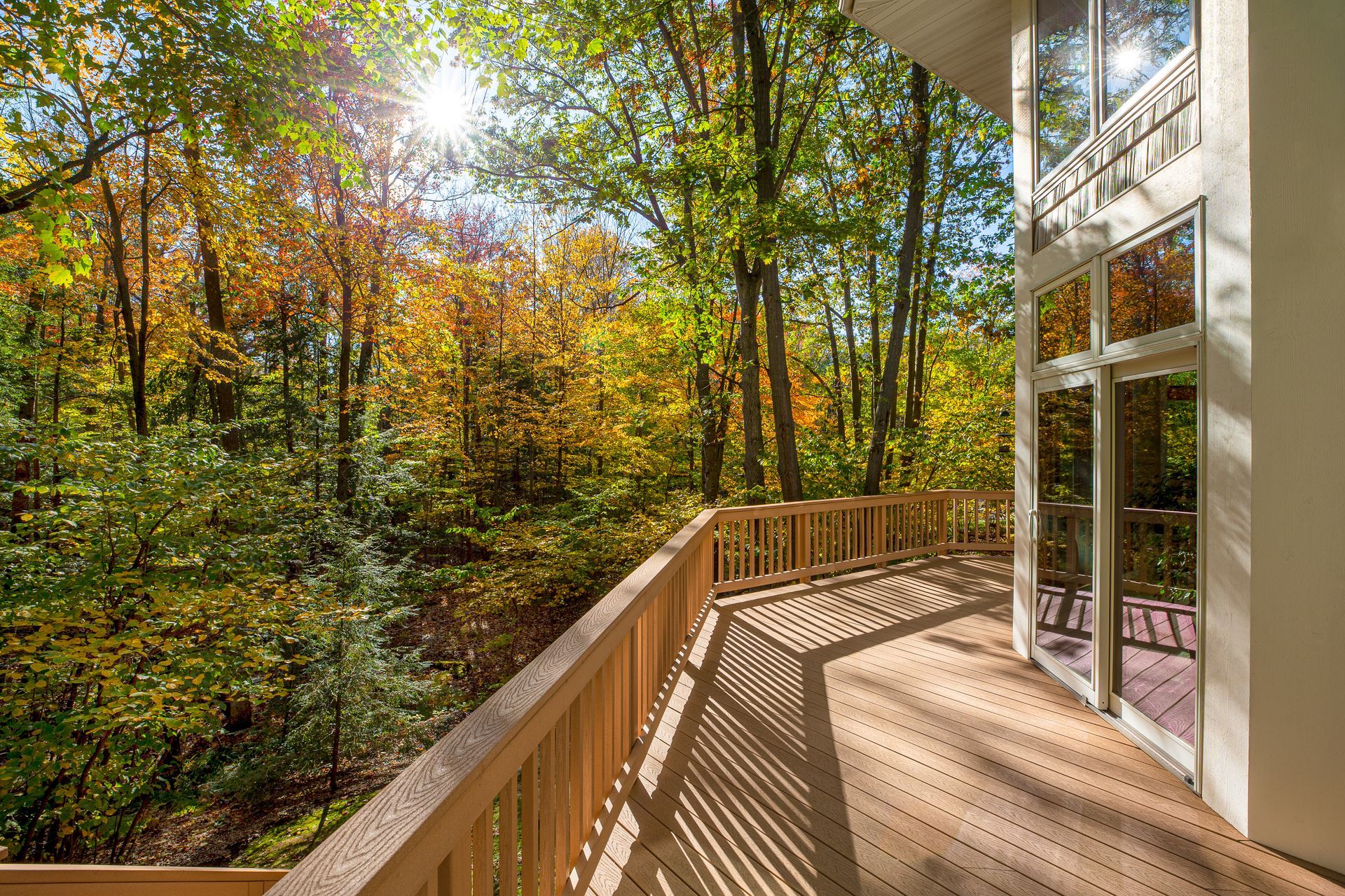Wooden deck overlooking a forest in autumn. Sunlight streams through trees with yellow and orange leaves.