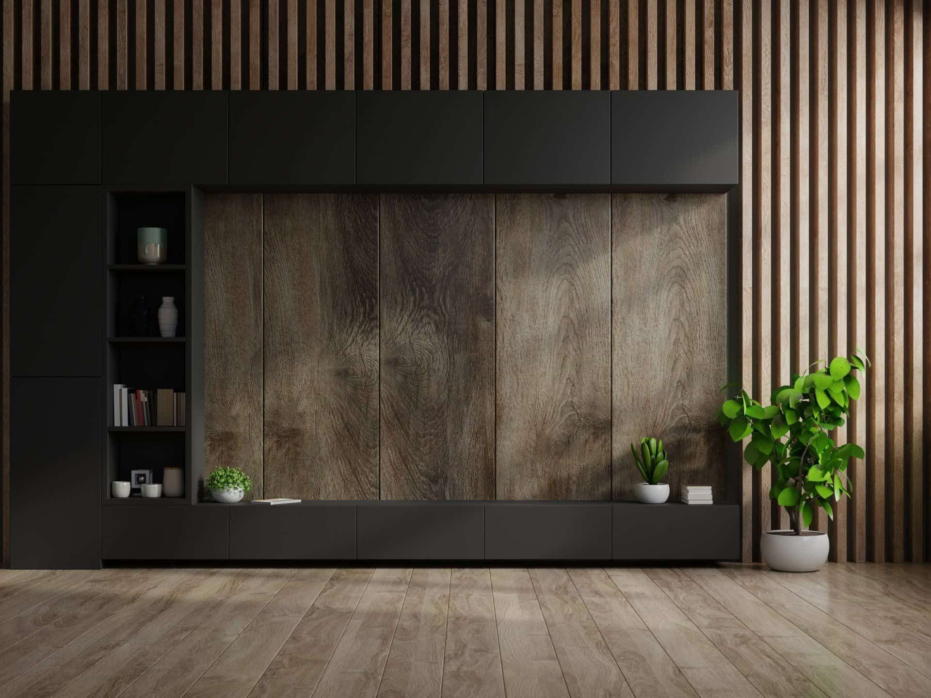 A Living Room With a Wooden Wall and a Wooden Floor — Halls Cabinets & Joinery in Harlaxton, QLD