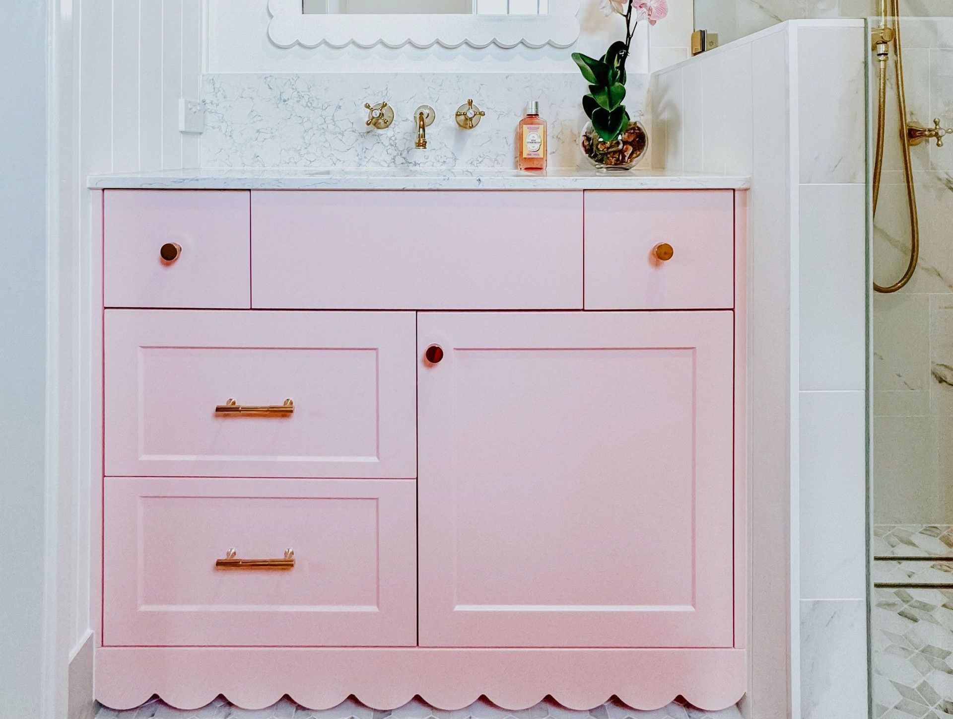 A Bathroom With a Double Sink and a Walk in Shower and Toilet — Halls Cabinets & Joinery in Harlaxton, QLD