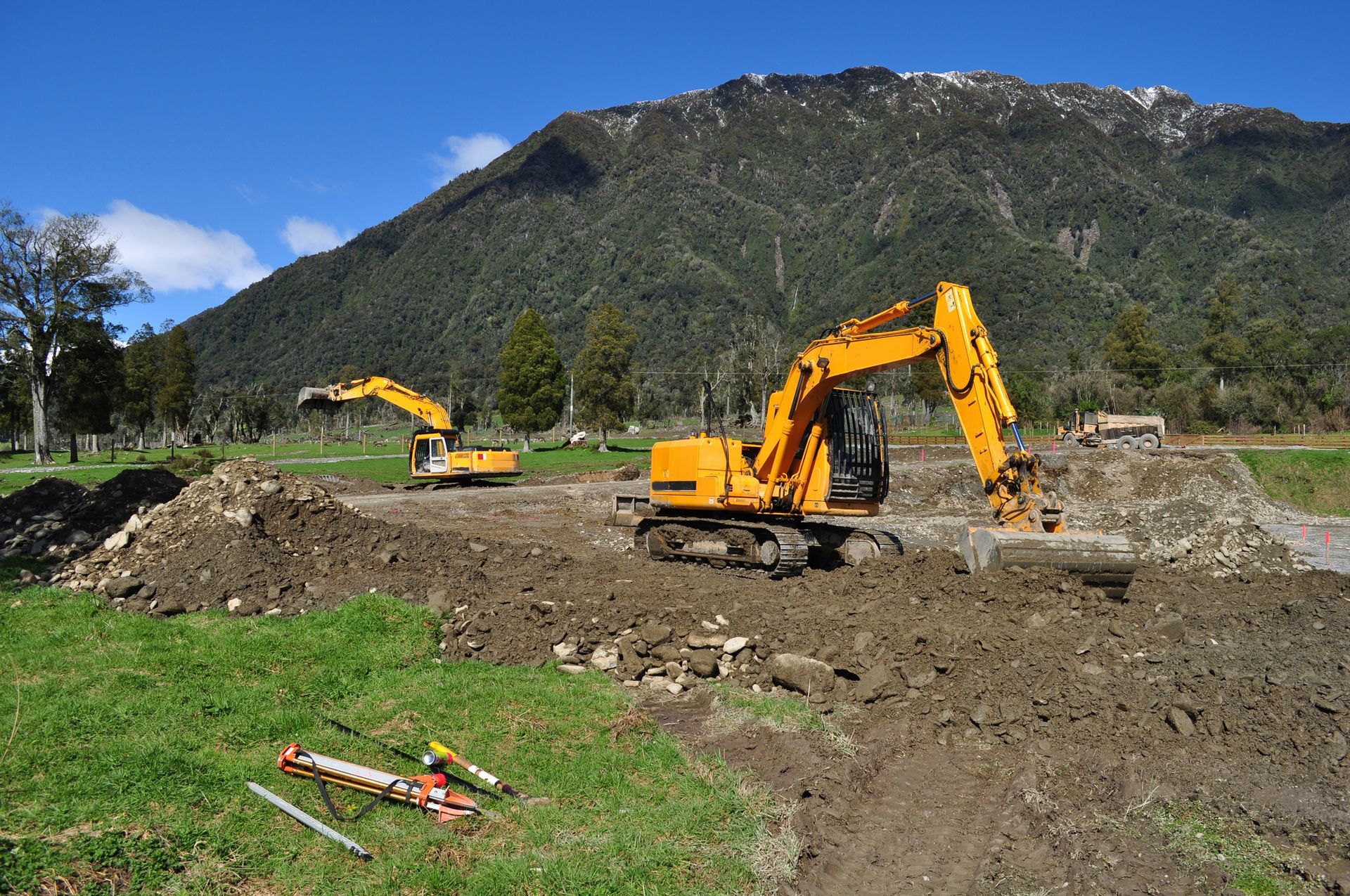 A skid steer is parked in a yard surrounded by trees.