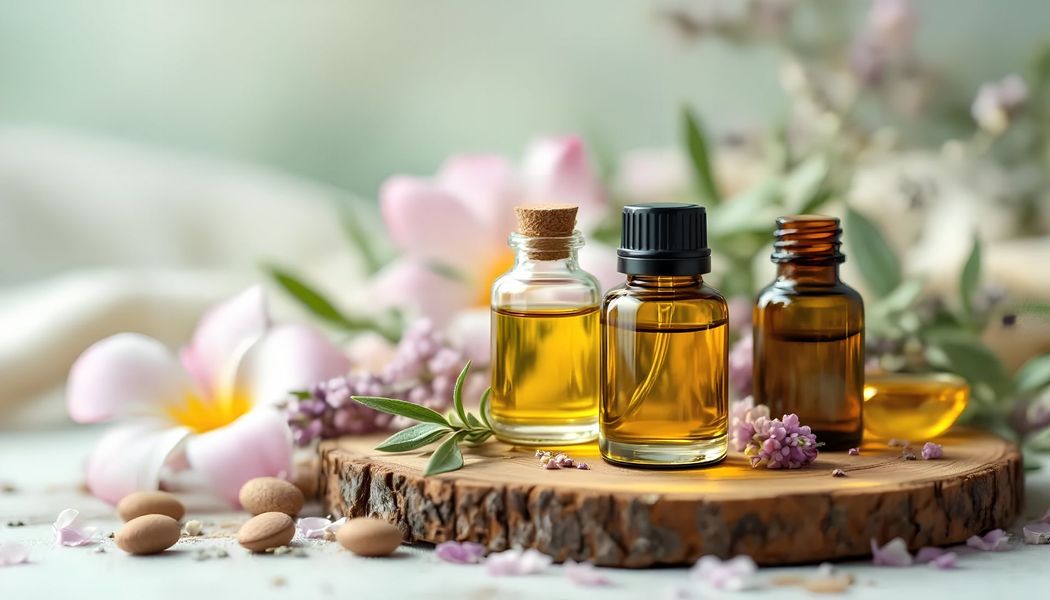 Massage setting with essential oils, a lit candle, a bowl of bath salts, and a rolled white towel. Massage setting with essential oils, a lit candle, a bowl of bath salts, and a rolled white towel.