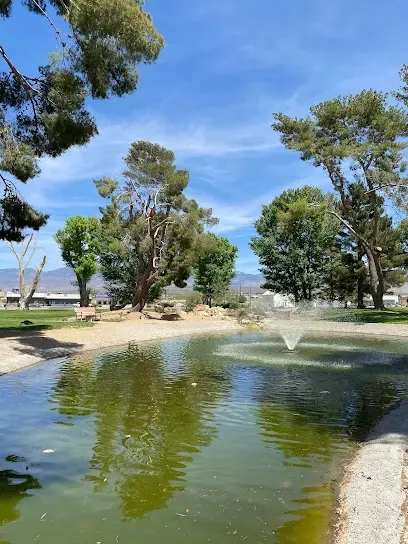 A pond with a fountain in the middle of it in a park surrounded by trees.