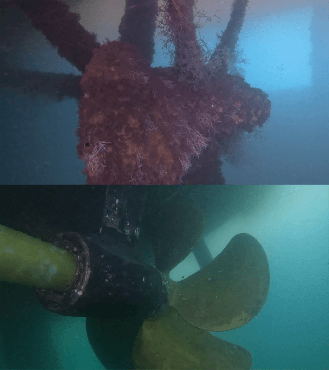 Top: Barnacle-covered propeller underwater. Bottom: Clean propeller underwater, blades golden.