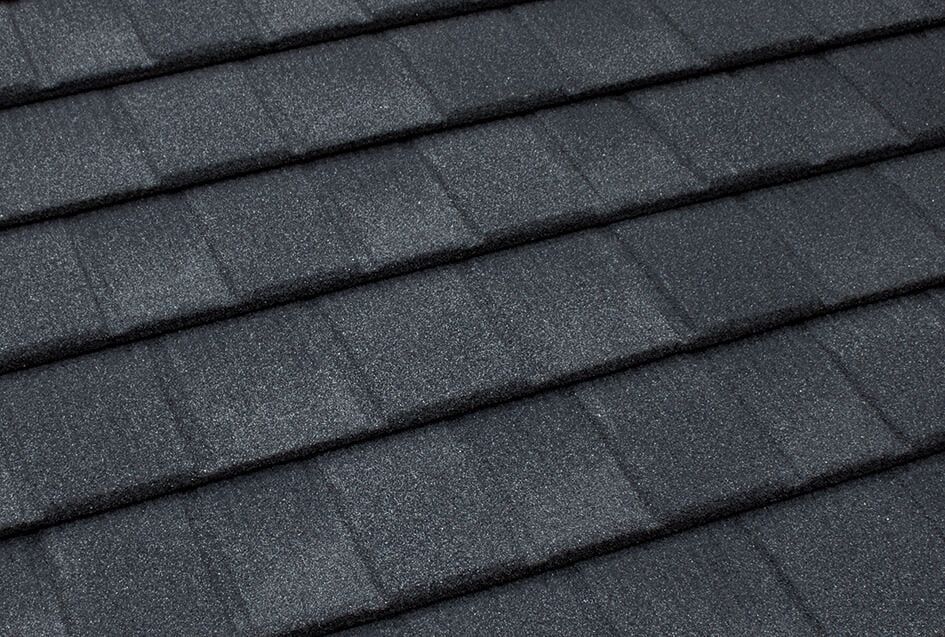 Dark gray asphalt shingles on a roof.