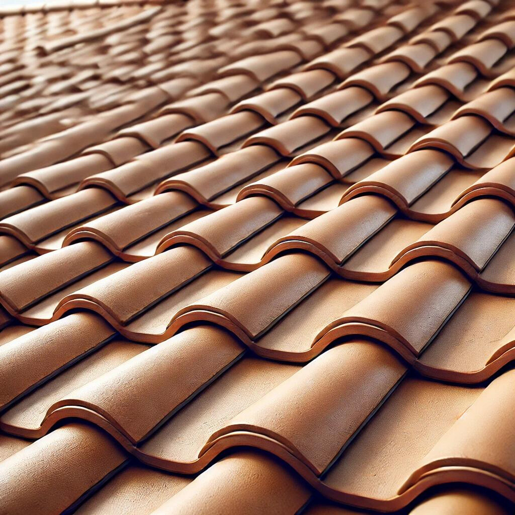Close-up of overlapping terracotta roof tiles, creating a textured pattern.