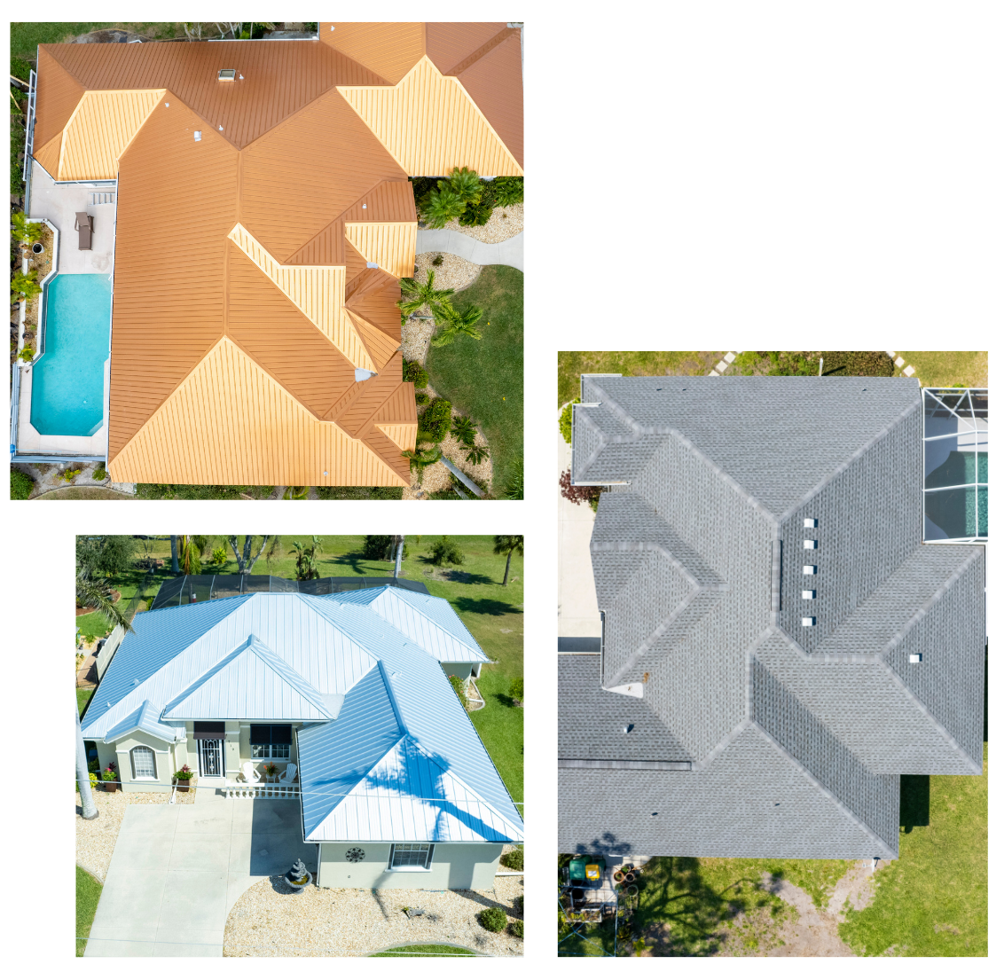 Four aerial views of houses with various roof designs and colors, showcasing different architectural styles.