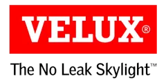 Velux logo: white text on a red rectangle, below it reads "The No Leak Skylight" in black text.