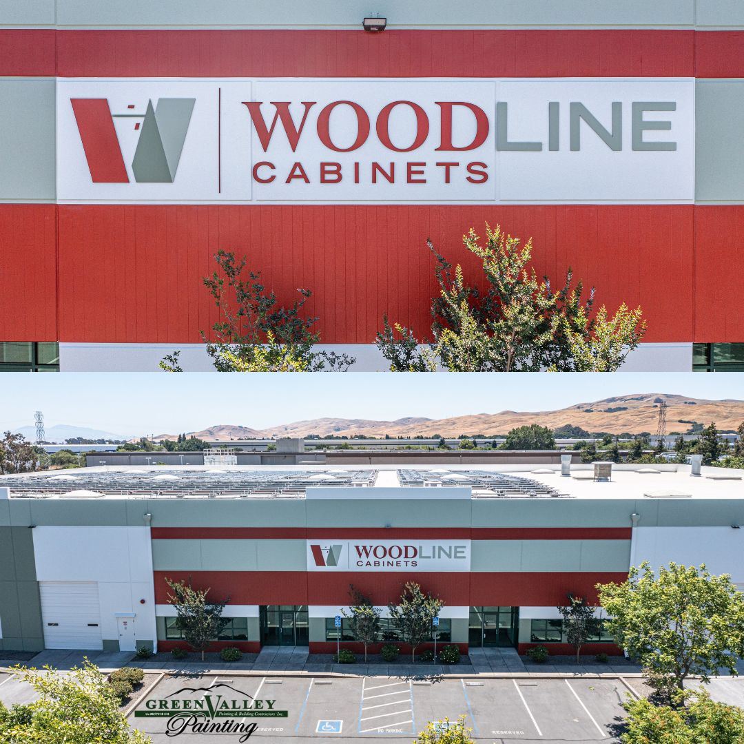 A building with a sign that says woodline cabinets on it