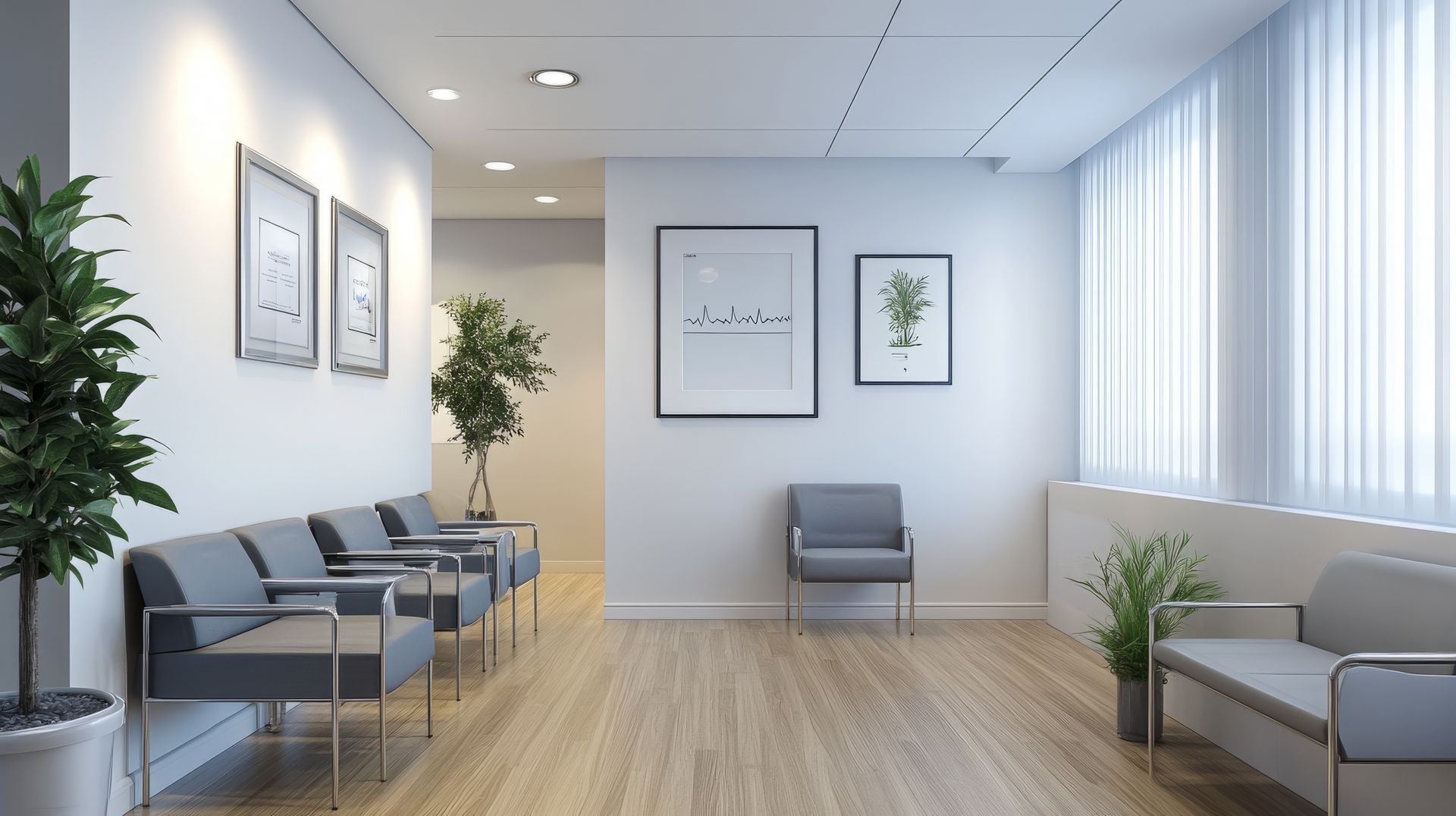 A waiting room with a lot of chairs and plants.