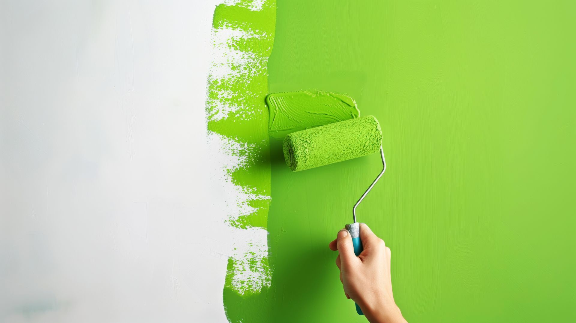 A person is painting a wall green with a paint roller.