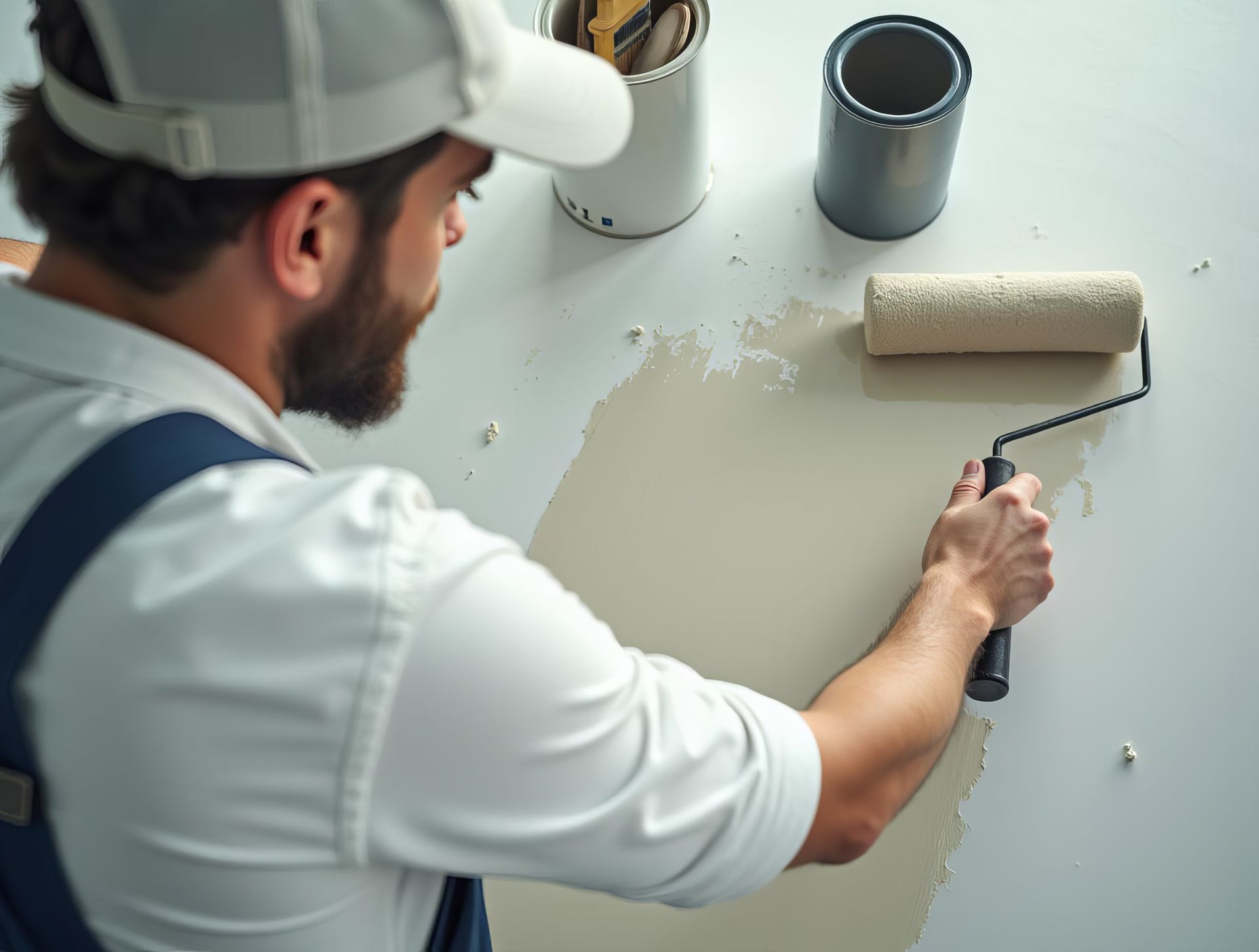 A man is painting a wall with a paint roller.