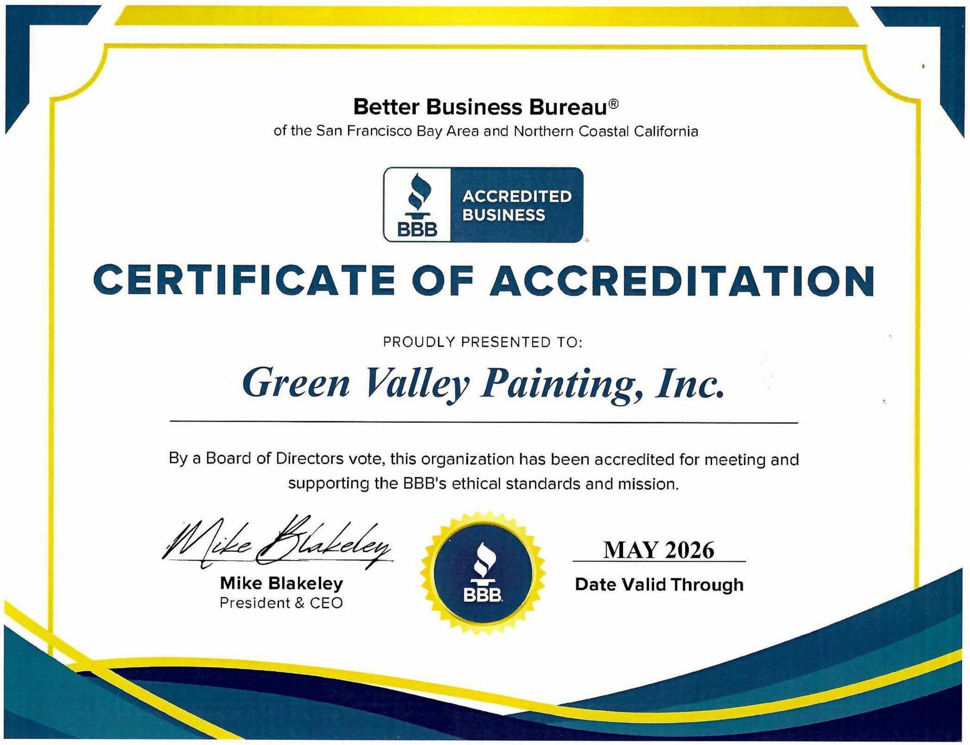 Certificate of Accreditation for Green Valley Painting, Inc. from the Better Business Bureau.