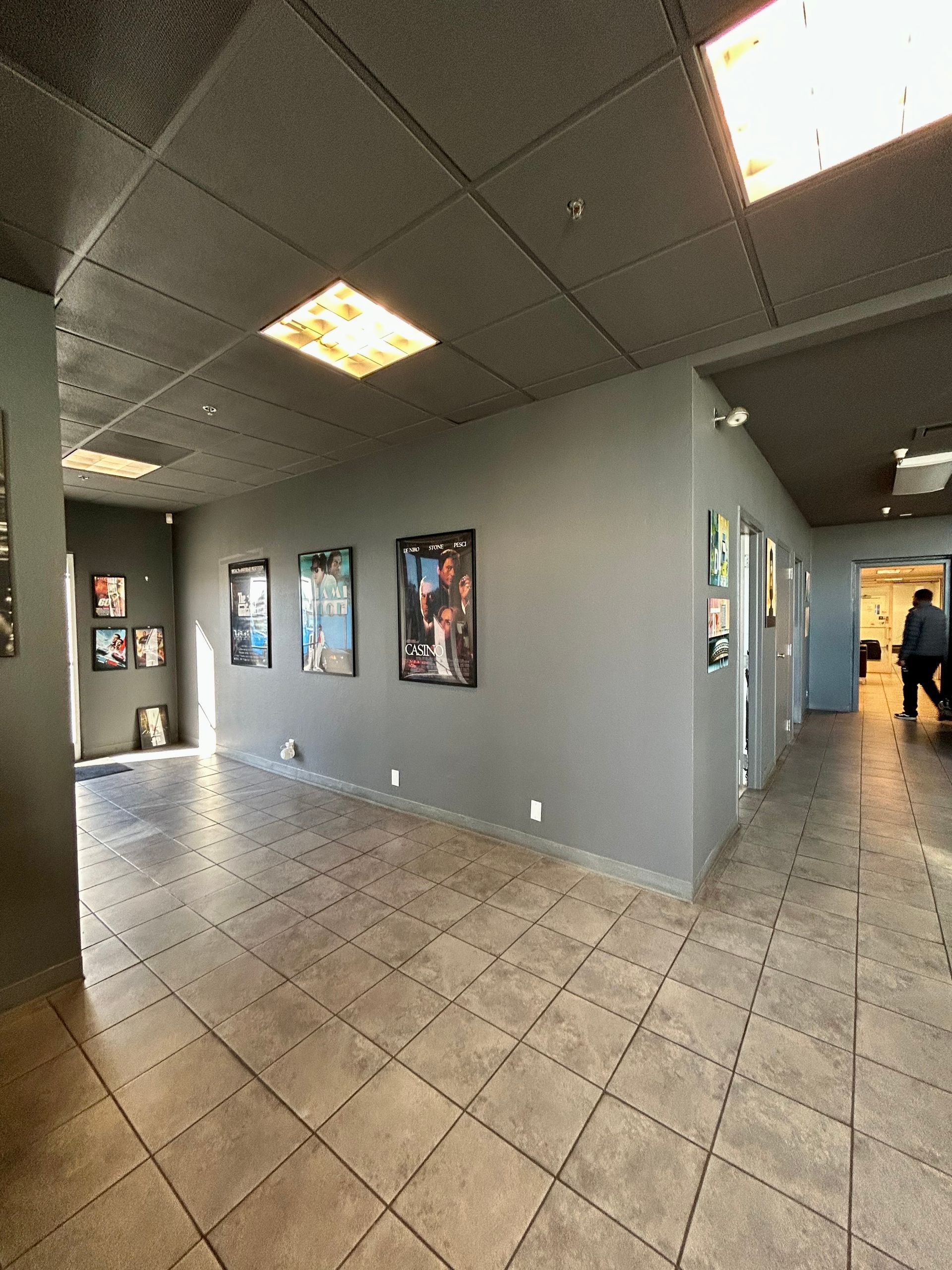 A large room with a tiled floor and a ceiling