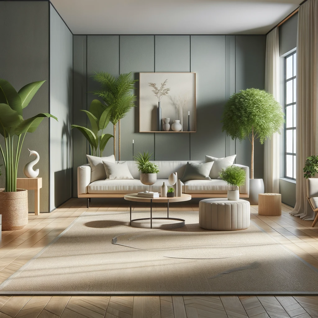 a living room with a couch, coffee table and plants