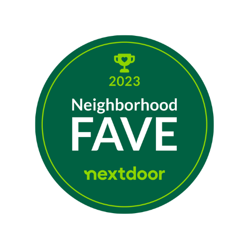 A green circle with the words neighborhood fave nextdoor on it
