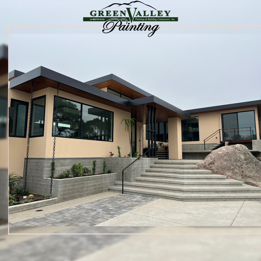 A large house with stairs leading up to it is painted by green valley painting