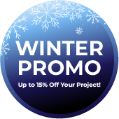 Winter promo button. Blue gradient with snowflakes and text: