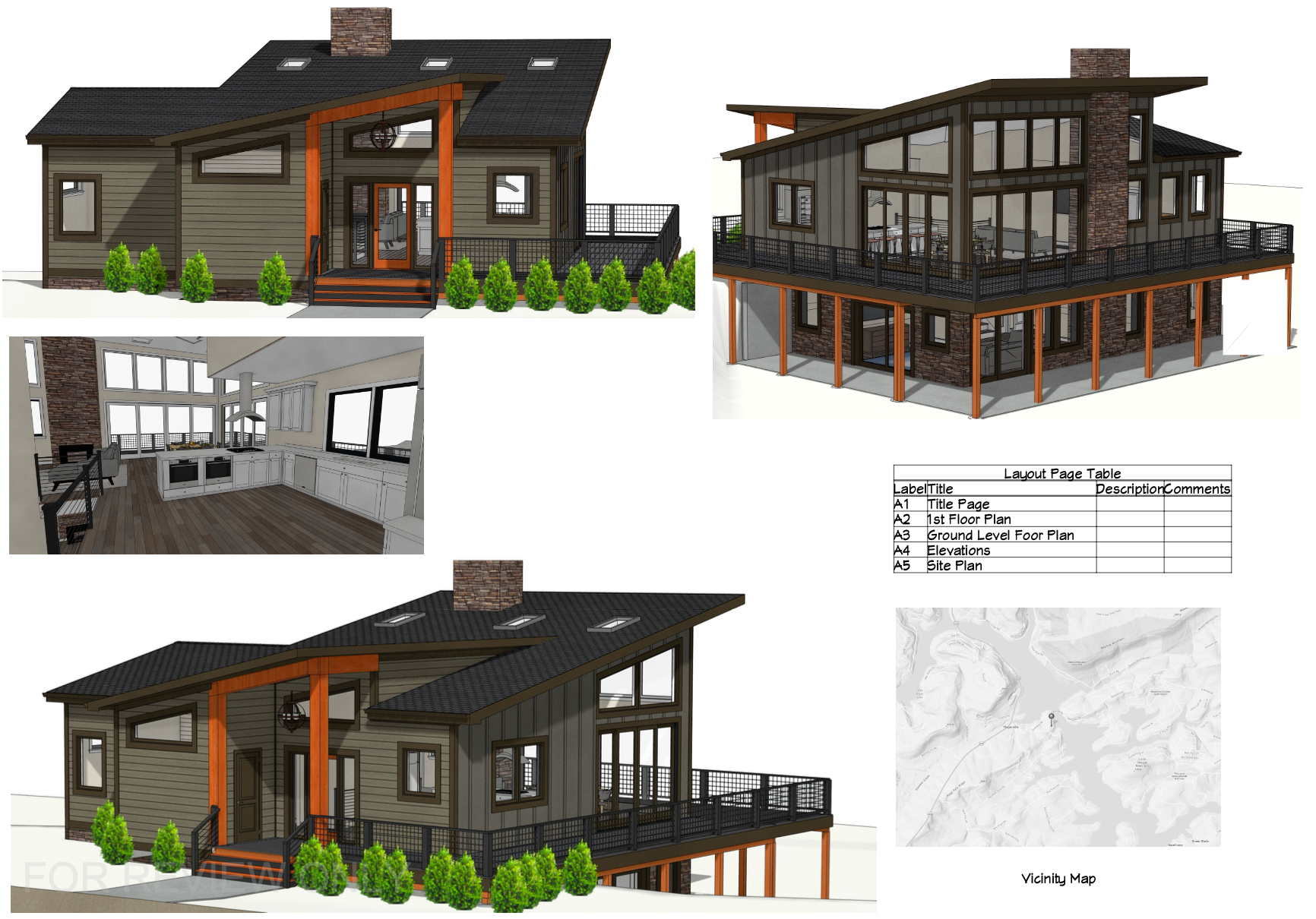 Architectural renderings of a modern house with a dark exterior, wooden accents, and a large deck.