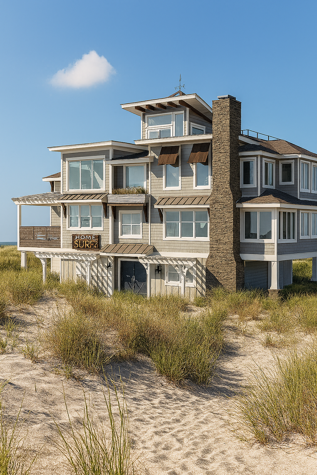 Multi-story gray house with stone chimney sits on a sandy dune under a blue sky.