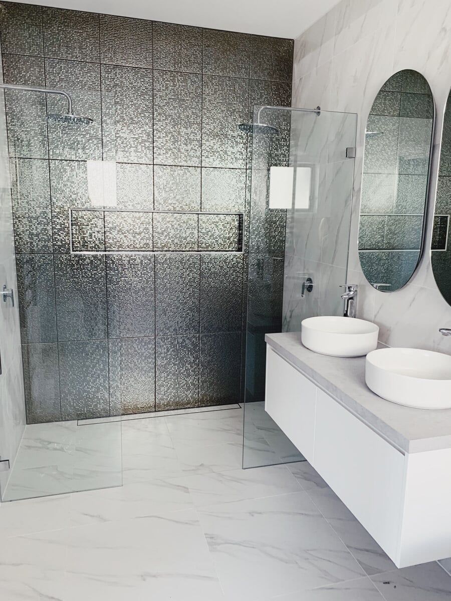A Bathroom with two sinks and a walk in Shower — Illawarra Bathrooms in Wollongong, NSW
