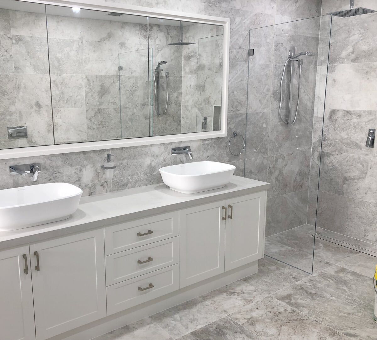 A Bathroom with two Sinks and a walk in Shower — Illawarra Bathrooms in Wollongong, NSW