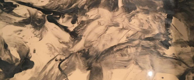 Abstract painting in black and white. Fluid forms with swirls and streaks.