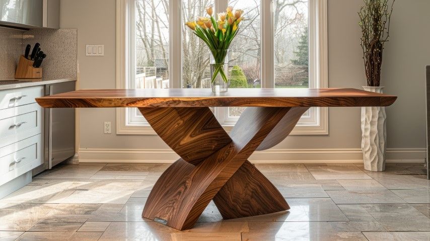 Wooden dining table with unique X-shaped base in front of a window and flowers.