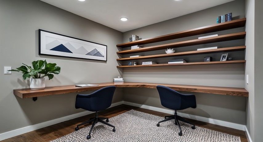 Home office with wood shelves, desk, and two black chairs; gray walls and carpet.