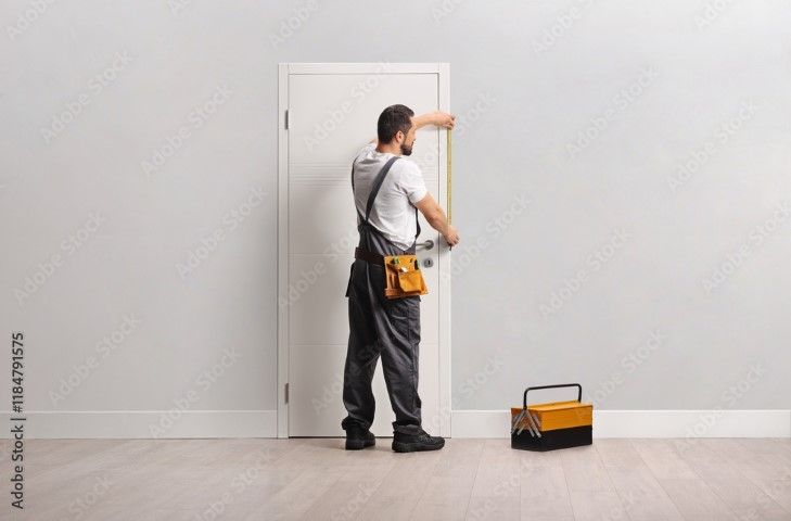 Man in overalls measuring a white door with a yellow tape measure, toolbox nearby.