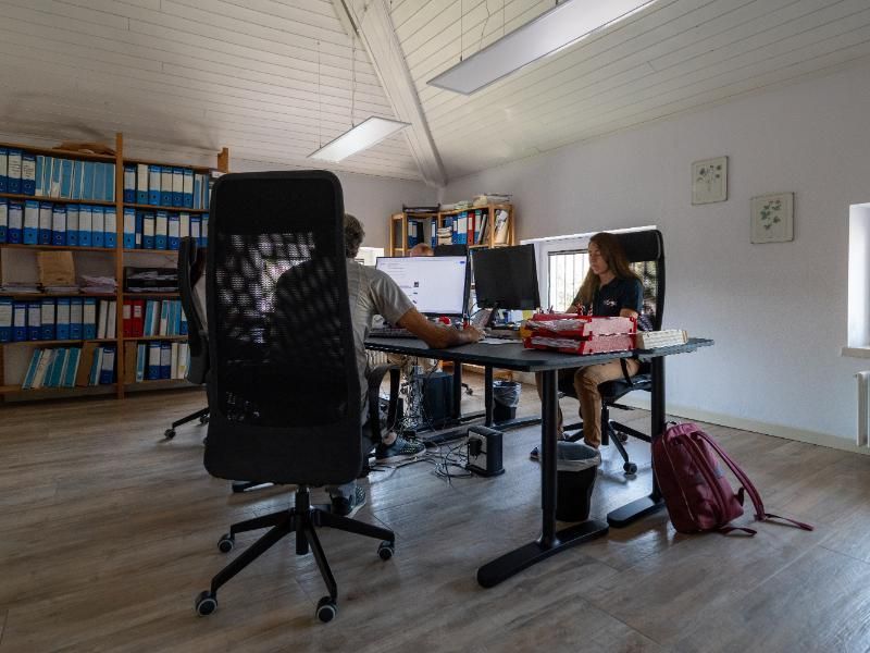 Un uomo e una donna sono seduti alle scrivanie di un ufficio e lavorano al computer.