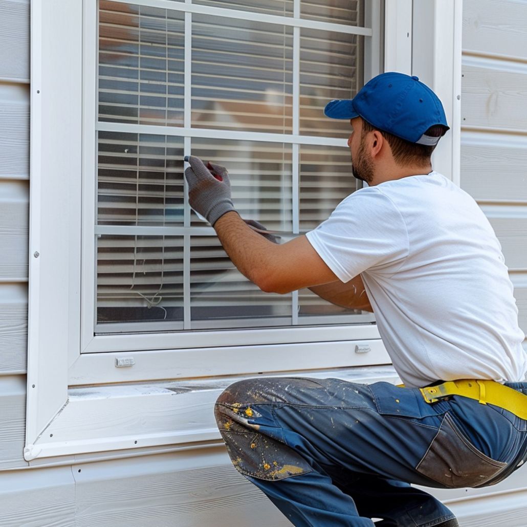 A man is kneeling down to paint a window on a house.