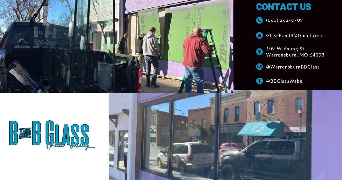 A collage of photos of people working on a building and a sign that says contact us.