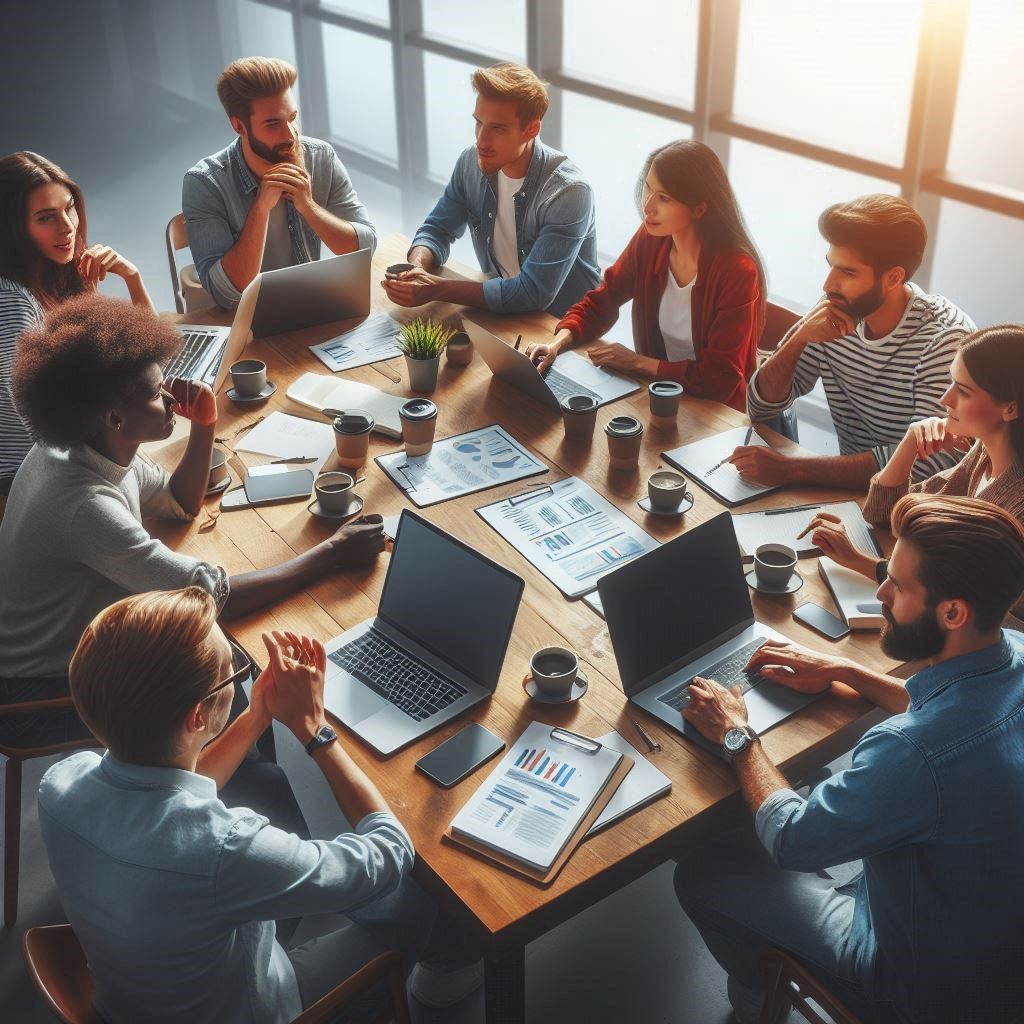 A group of people are sitting around a table with laptops.