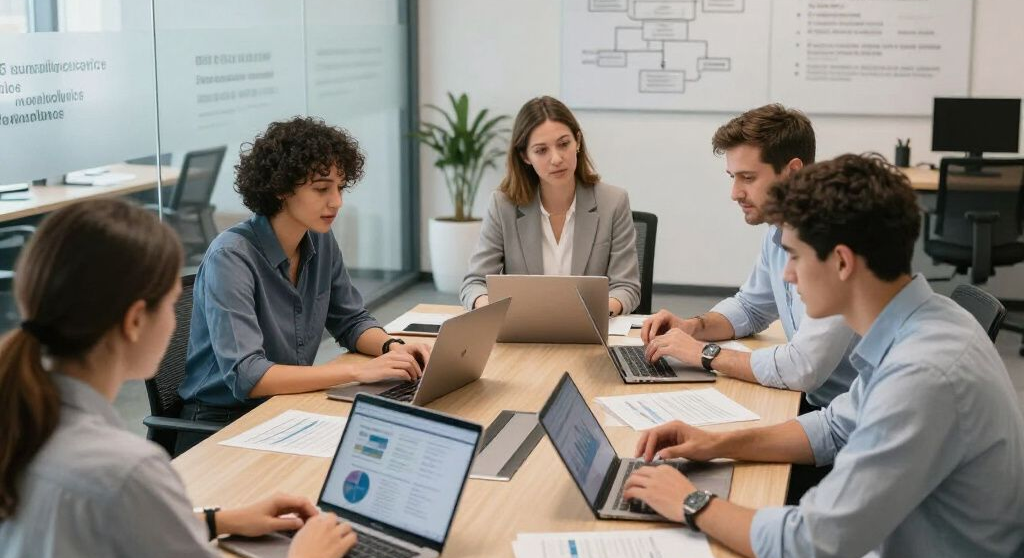 People in a business meeting at a table, using laptops. Office setting with whiteboard in the background.