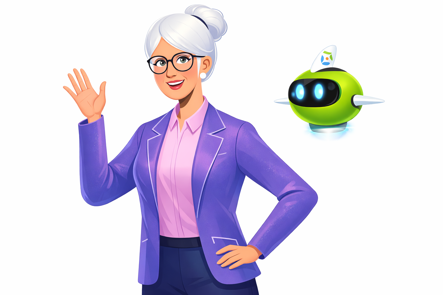 Thia character in purple blazer waves next to a green robot.