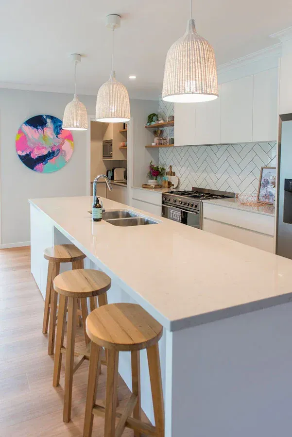 Kitchen With White Rattan Pendant Light - Coffs Harbour, NSW - G & A Cabinets