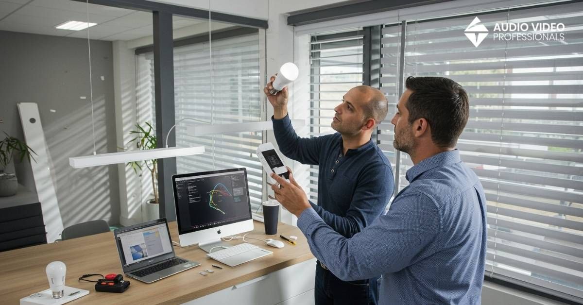 two man are working on Smart Lighting and Automated Shades