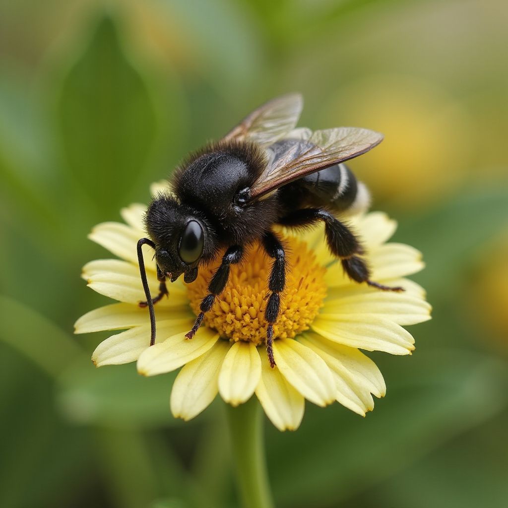 Ape nera su un fiore giallo, che raccoglie il nettare. Foglie verdi sullo sfondo.