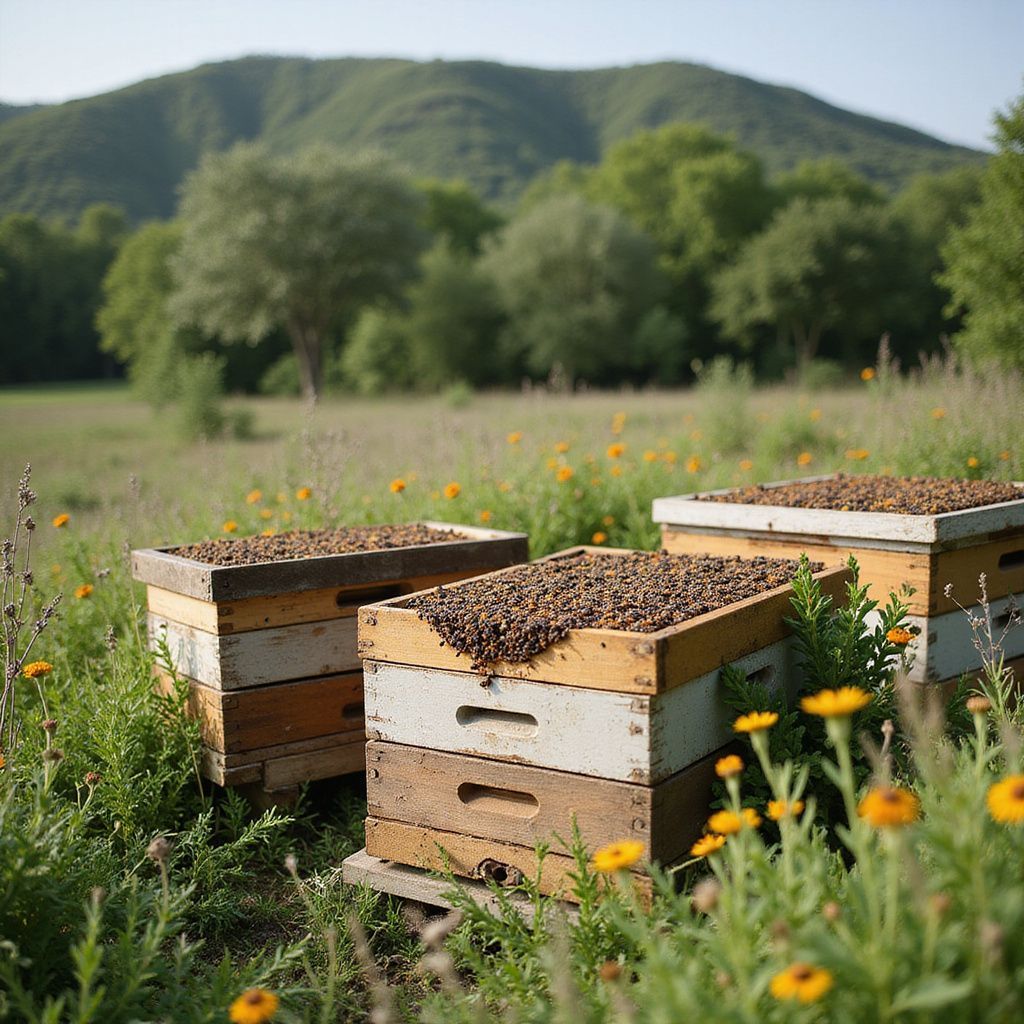 Tre alveari in un campo di fiori selvatici con una montagna ricoperta di alberi sullo sfondo.
