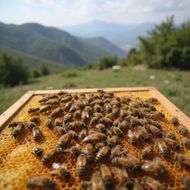 Api su un telaio a nido d'ape, sullo sfondo montagne e campi verdi.