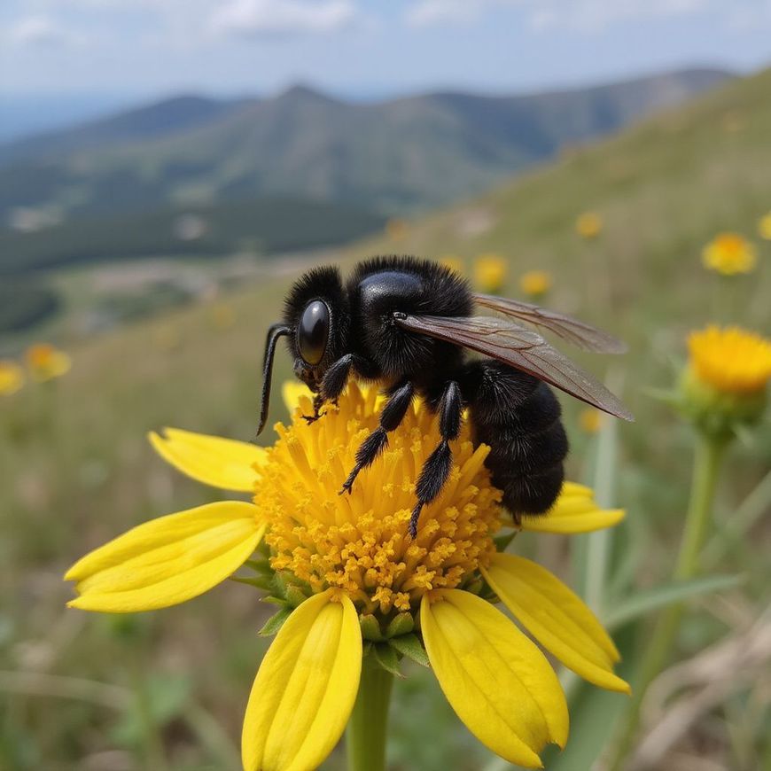 Ape nera su un fiore giallo, montagne sullo sfondo.